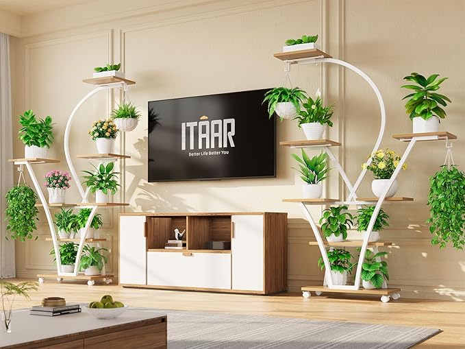 Itaar Plant Stand Indoor with Grow Light, 2-Pack 64" Tall Plant Shelf, 7 Tiered Corner Plant Stand with Wheels, Large Plant Rack Display Shelves, Curved Plant Holder for Living Room, White