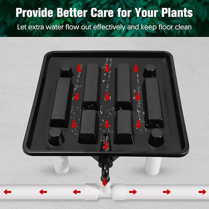 Ez-Pz Runoff Trays 15.5in Garden Flood and Drain Plant Base with PVC Legs and Drain Fitting, Elevated Plant Saucers for Use in Indoor Grow Tents, Greenhouses, and Outdoor Gardens