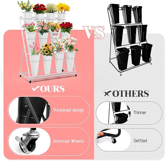 Flower Display Stand with Buckets, 3-Layers 12 PCS Buckets Plant Stand with Wheels, Movable Metal Plant Stand for Terrace Garden, Living Room, Florist Shop (White Frame - White Buckets, 3-Tier)