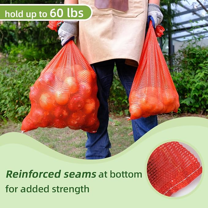 50pcs Extra Large Mesh Produce Bags 60 lbs Reusable Onion Sacks Vegetable Storage Bags Washable Net Bag 21” x 32” for Onion Potato Firewood Crawfish, Pack of 50