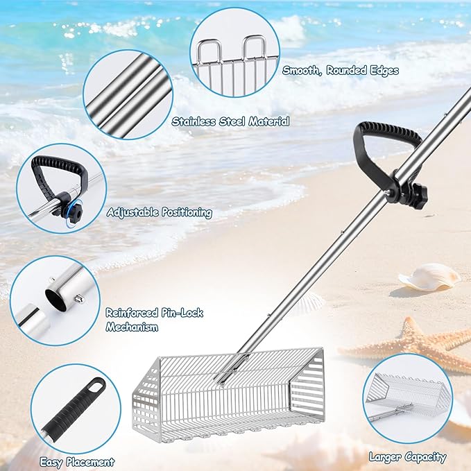 Sand Flea Rake for Beach：Metal Detachable Sand Sifter with 70in Handle,Portable Shark Tooth Sifter,Sturdy Beach Shovel for Shells,Fleas,Suitable for Beach Camping,Parent-Child Activities