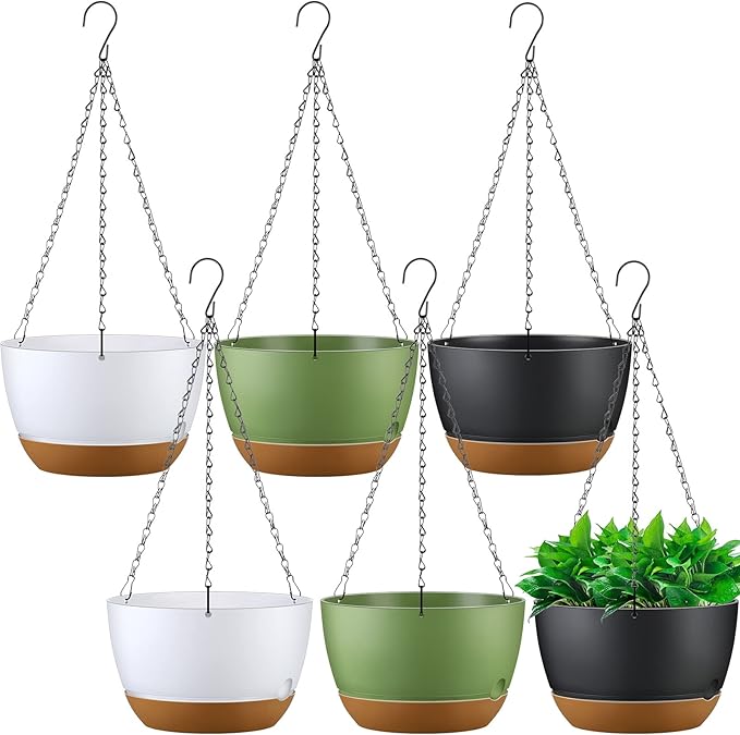 Remerry 6 Pcs 11.2 Inch Hanging Planters Hanging Plant Basket for Indoor Outdoor Plants Set Plastic Hanging Flower Pot with Drainage Holes and Removable Trays for Home Garden (White Gray Green)