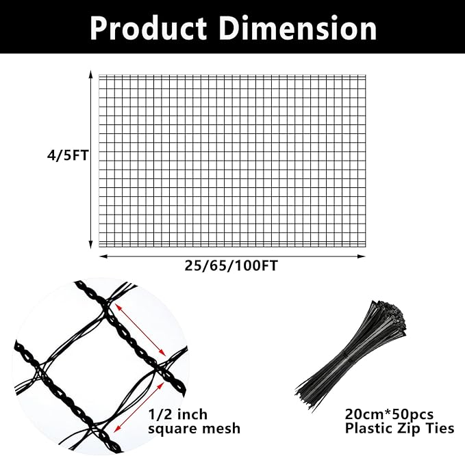 5x65ft Deer Fence Netting, Plastic Mesh Fence Heavy Duty Garden Fence Animal Barrier Garden Netting for Plants Fruit Trees Vegetables Against Deer, Birds, Rabbits, Chickens and Other Animals, Black