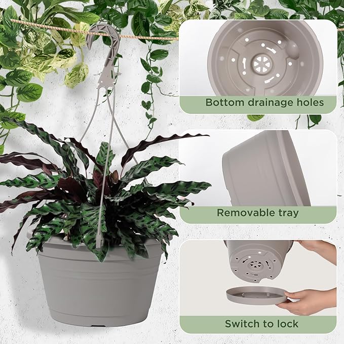 VIDELLY 4 Pcs Hanging Planters,10" Hanging Pots Plastic Hanging Flower Plant Basket Pots with Drainage Trays & Chain Holder for Outdoor Indoor Plants Garden Balcony Decoration, Light Gray