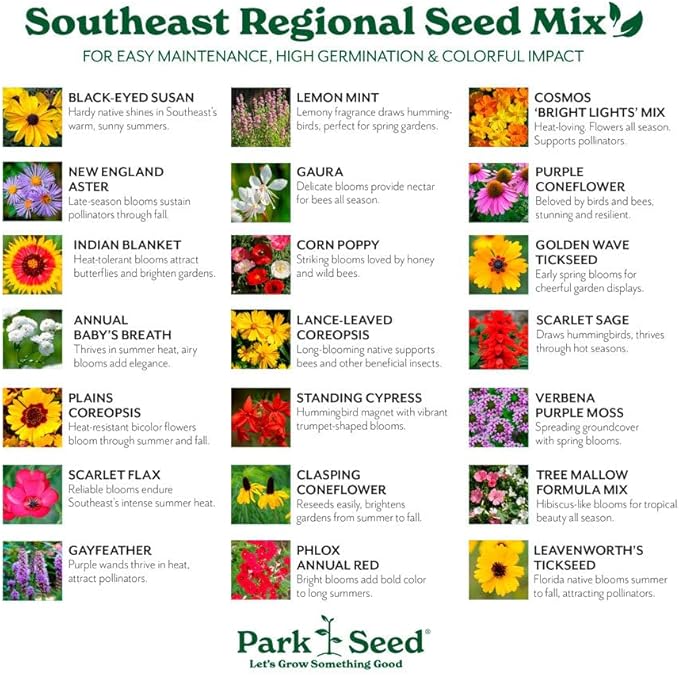 Park Seed Grow Your Own Vibrant Annual and Perennial Wildflower Garden Seeds Mixture, Easy to Grow Varieties for Pollinators and Spring Gardens - Southeast Regional Mix, 50 lbs