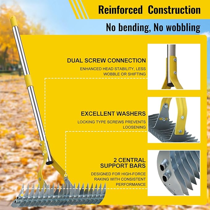 Garden Leaf Rake: Dual Function Thatching Rake for Lawn Dead Grass Leaves, Stainless Steel Heavy Duty 69” Lawn Dethatcher with Sharp 19 Tines, Fast Weeds, Leaf, Thatch, Dead Grass Removal Garden Tool