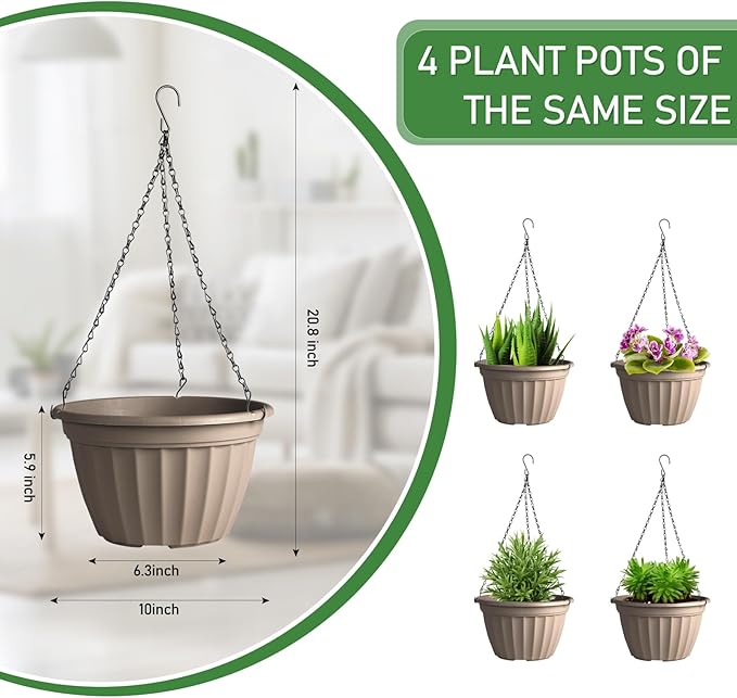 FGstyle Hanging Planters 9.8 Inch, 4 Pcs Self Watering Pots for Indoor Plants,Plastic Hanging Basket with Soil Elevator and 20" Chain for Home Garden Porch Balcony Patio Decor(Beige)