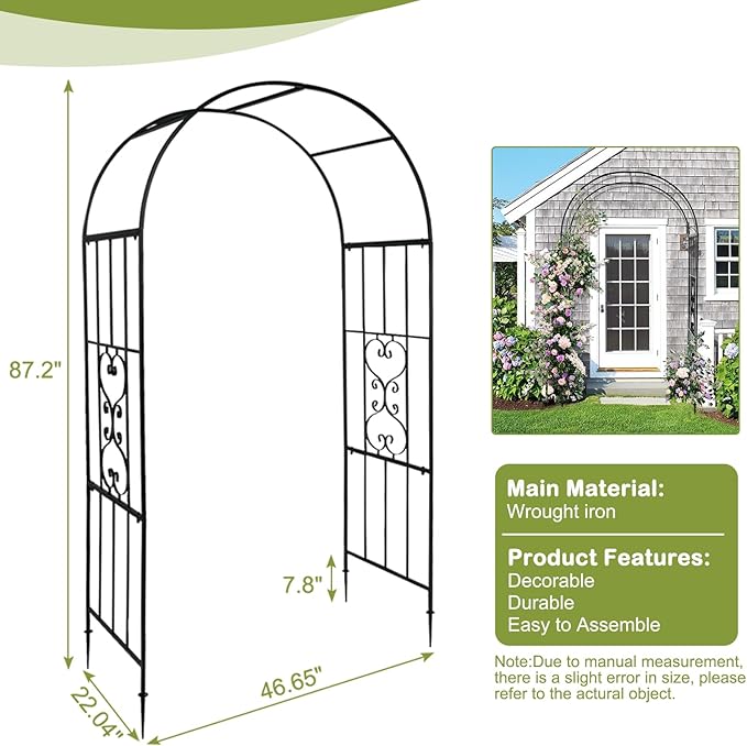 Outvita 7.3FT Garden Arch Arbor, Heavy Duty Metal Arbour Archway, Decorative Frame Stand Trellis with Ground Stakes for Wedding Ceremony Party Plant Climbing Rose Vines Lawn Patio Black