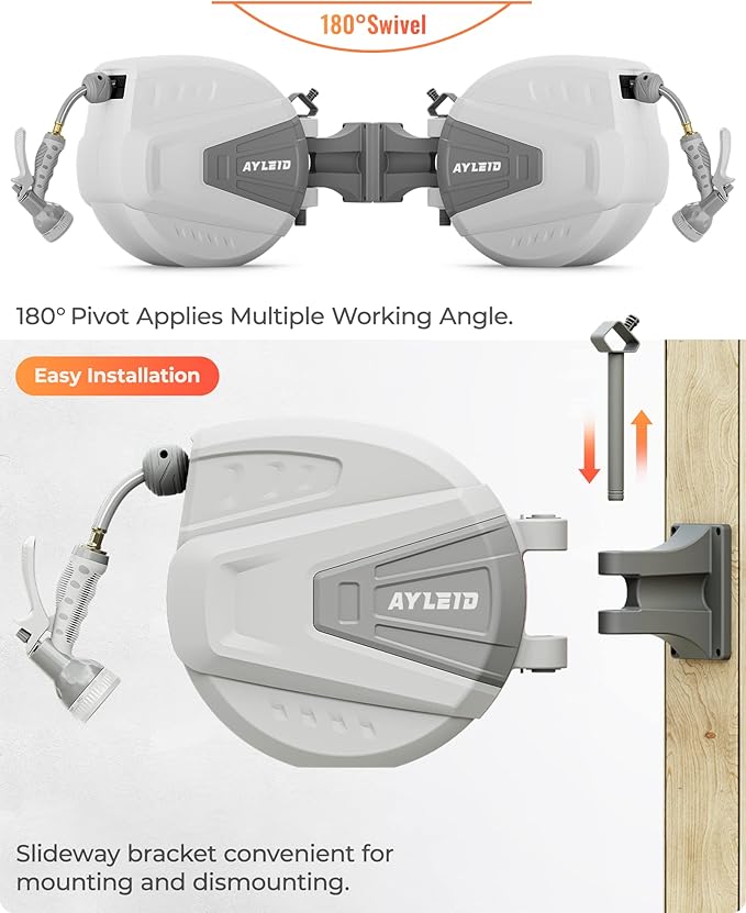 Ayleid Retractable Garden Hose Reel,1/2 in x 65 ft Wall Mounted Hose Reel, with 9- Function Sprayer Nozzle, Any Length Lock/Slow Return System/Wall Mounted/180°Swivel Bracket (Grey)