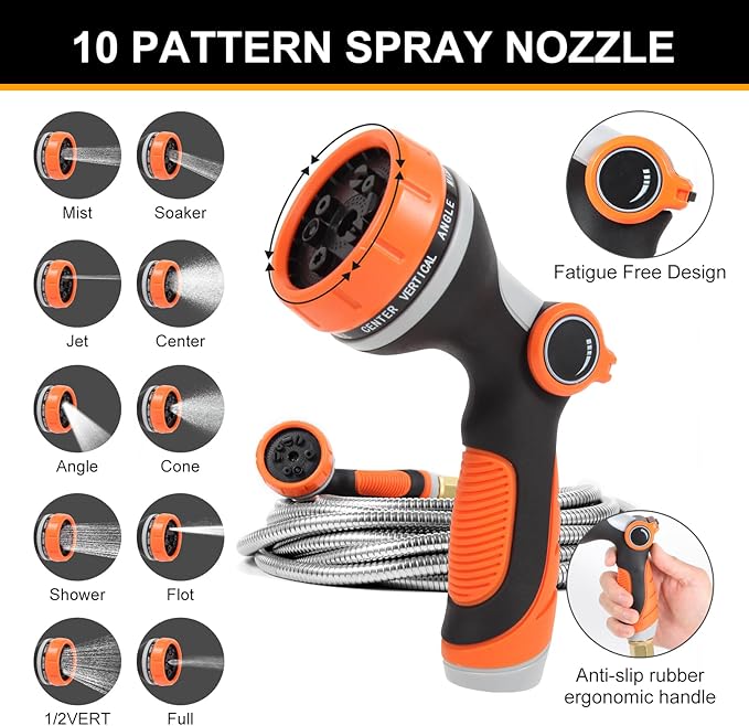 Metal Garden Hose 25ft Copper Bullet, Heavy Duty Stainless Steel Water Hose with 10 Function Sprayer Nozzle, Leaf-Proof Kink Free Lightweight for Outdoor,Yard,Lawn,Patio, Car