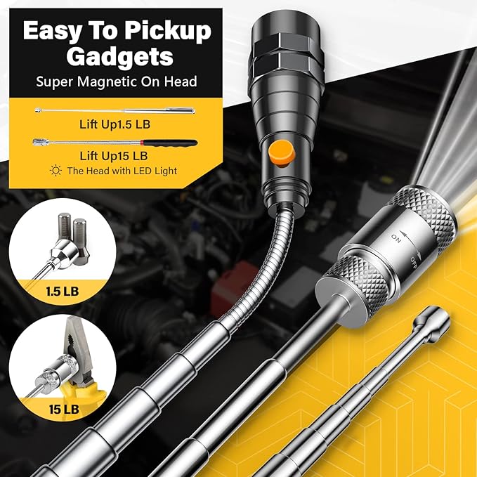 Magnetic Pickup Tool Set with 15lb&1lb Pick Up Rod, Round&Square 360 Swivel Adjustable Inspection Mirror, Telescoping Flexible Flashlight, Christmas Gifts Stocking Stuffers For Men, Dad, Husband