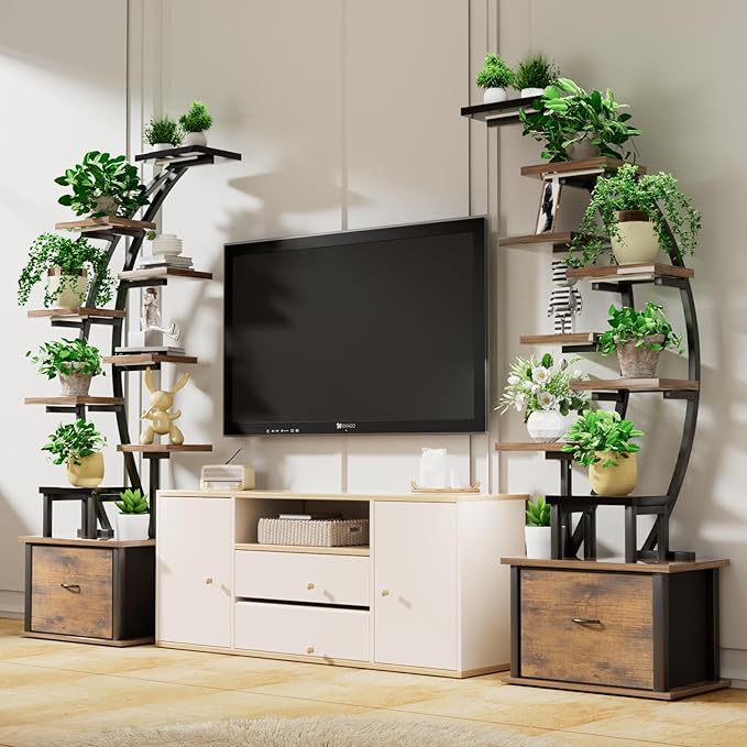 10-Tier Tall Plant Stand Indoor with Grow Lights, 65" Corner Plant Shelf with Storage Drawer, Metal Plant Rack for Multiple Plants, Waterproof & Sturdy Display Holder for Living Room, Patio