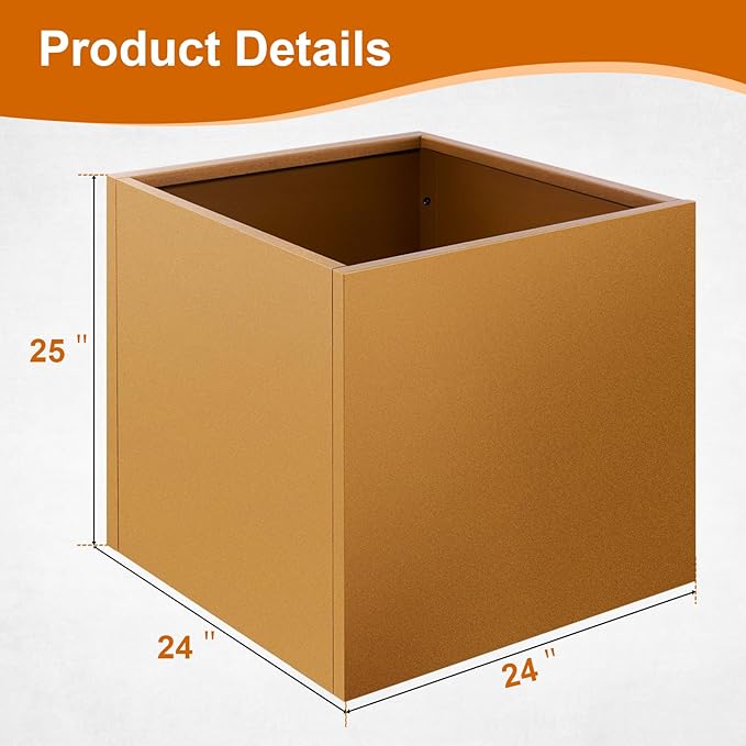 Corten Steel Planter Box 24"x24"x25", Metal Planter Spliced Flower Pot with Partitions, Outdoor & Indoor Large Rectangular Planter Box for Porch, Patio, Garden, Commercial Décor