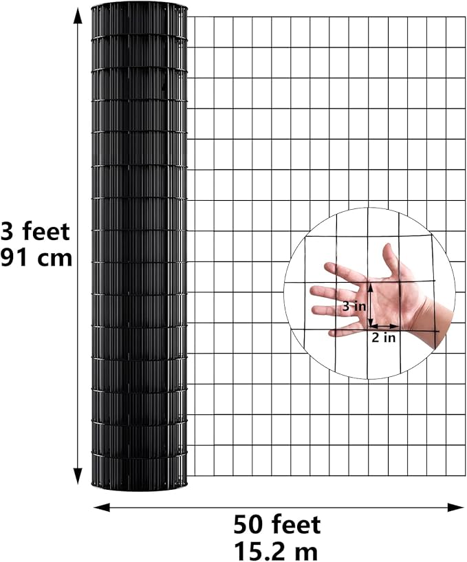 Welded Wire Fence 3ft x 50ft Mesh Size 2x3 Inch Wire Mesh Roll Chicken Wire Poultry Netting for Garden Fencing, Animal Barrier, Border Fencing (USE 4 FT Post)
