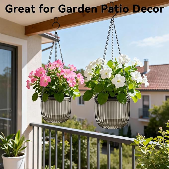Halatool 2 Pack Self Watering Hanging Planters for Plants, 8.3 Inch Hanging Baskets, 3 Hooks Plant Hangers with Drainage Holes for Gardening (Gray)