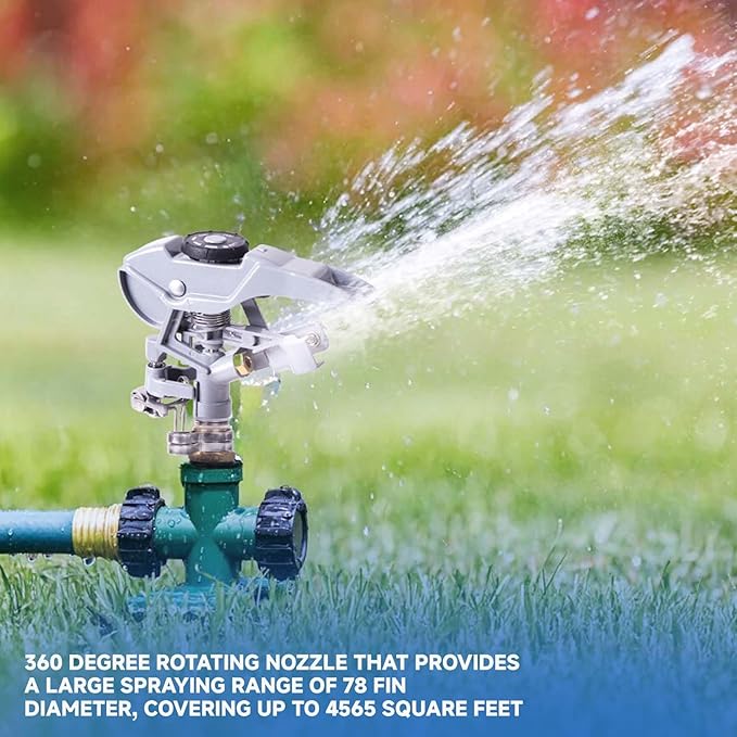 1/2 Inch Heavy Duty Zinc-Alloy Impact Sprinkler – Adjustable 180°-360° Pulsating Lawn Sprinkler, 15m (49ft) Spray Range for Large Gardens & Lawns
