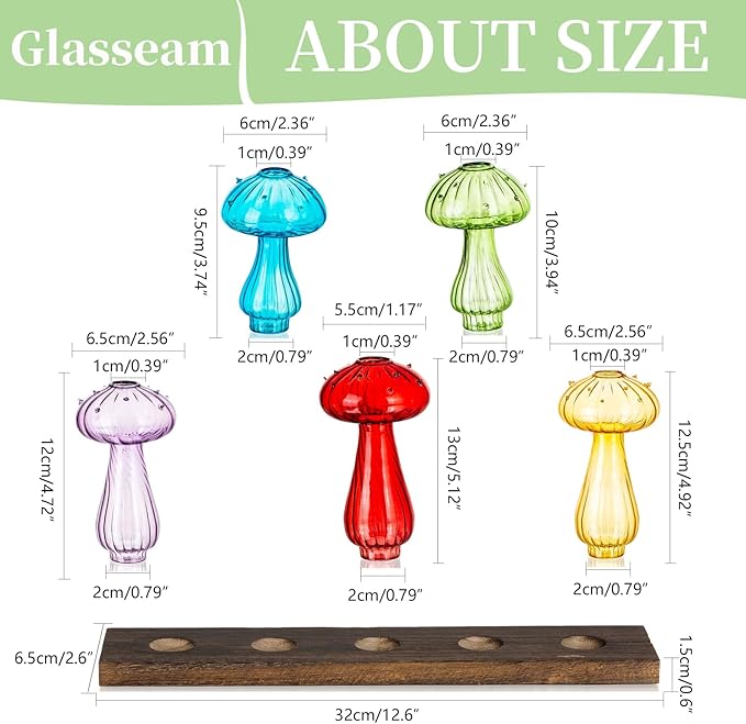 Glasseam Mushroom Plant Propagation Station: Cute Glass Terrarium Jar with Wooden Stand Unqiue Planters for Indoor Plants Hydroponic Glass Bud Flower Vase for Home Office Decor for Women