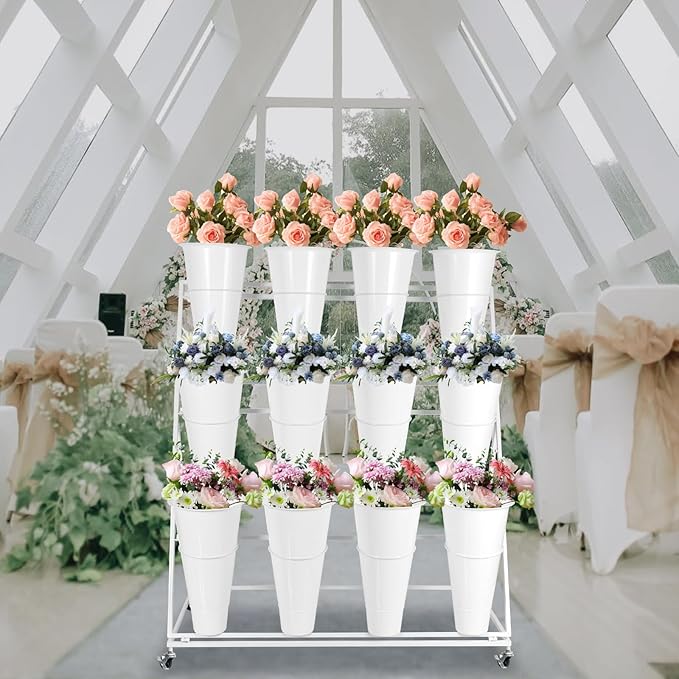 Flower Display Stand with Buckets, 3 Layers 12PCS Buckets Metal Flower Cart Display Stand with Wheels, for Patio Garden, Living Room (3 Layers White Round Bucket)