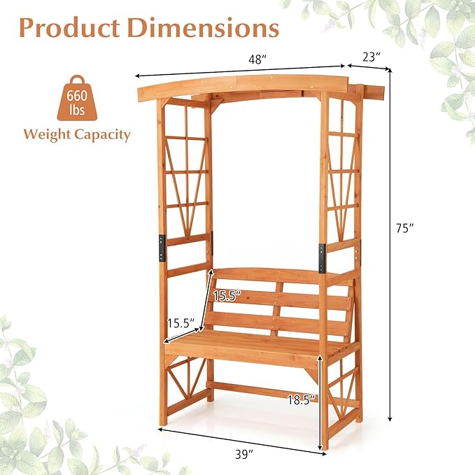 Giantex Garden Arbor with Bench - Wooden Garden Arch Trellis for Climbing Plants Vines, 2-Person Outdoor Bench, 48''W x 75''H Patio Archway for Lawn Wedding Party Ceremony Backyard Decor