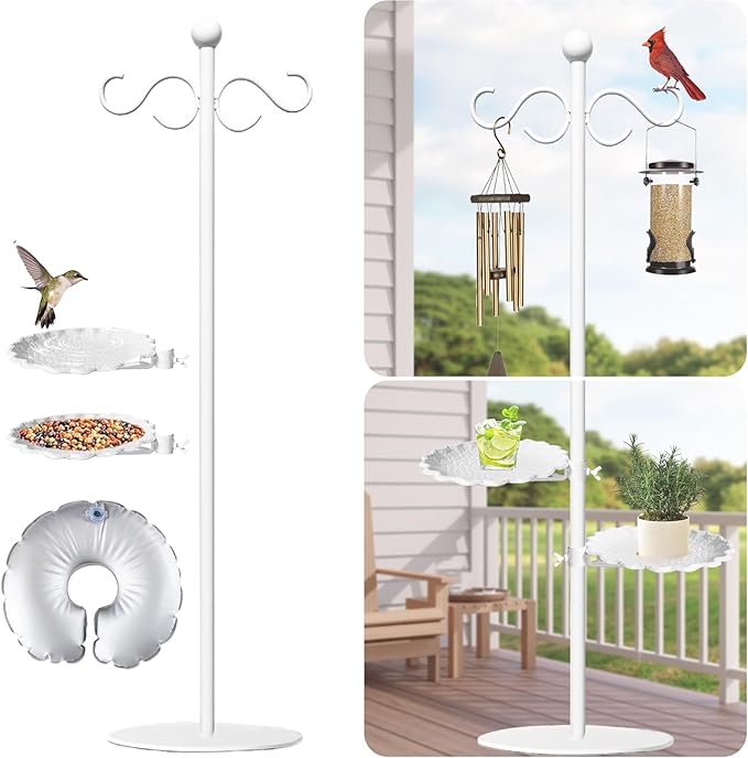 Upgraded 74" Shepherd's Hook for Bird Feeder，Floor Hanging Plant，White Wind Chime Stand, Waterproof Metal & Adjustable-Height Standing Pole Holder for Wreath, Indoor & Outdoor（2 Placement Racks)