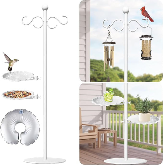 Upgraded 74" Shepherd's Hook for Bird Feeder，Floor Hanging Plant，White Wind Chime Stand, Waterproof Metal & Adjustable-Height Standing Pole Holder for Wreath, Indoor & Outdoor（2 Placement Racks)