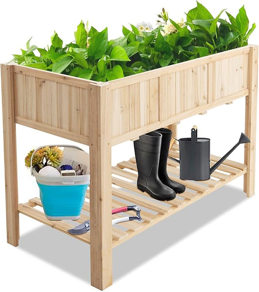 Giantex Raised Garden Bed, Wooden Planter, Black Liner, Outdoor Elevated Planter Box with Bottom Shelf, for Vegetables Herbs Flowers Fruits 47”x 23”x 35” (Natural)