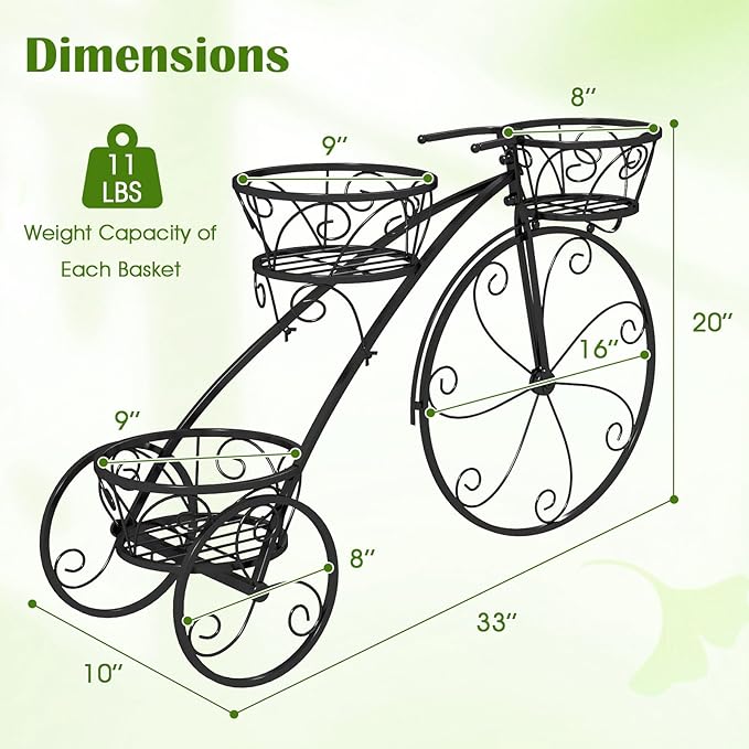 Tricycle Plant Stand, 3-Tier Metal Plant Stand Bicycle Flower Pot Cart with Hollowed Baskets, Planter Potted Holder for Patio, Garden, Deck, Lawn (Black)