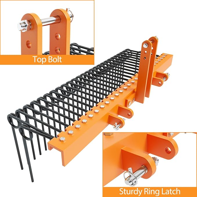 72" Durable Powder Coated Steel Pine Straw Rake, Steel Spring Landscape Rake for Leaves, Pine Needles, Straw, and Grass Attaches to Cat 0 Cat 1,3 Point Hitch Tractor, Yellow