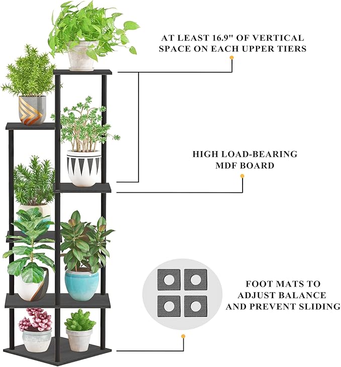 Tall Plant Stand Indoor, 6-Tier Modern Plant Shelf for Multiple Plants, Wood Metal Flower Holder for Living Room Balcony Bedroom, Black