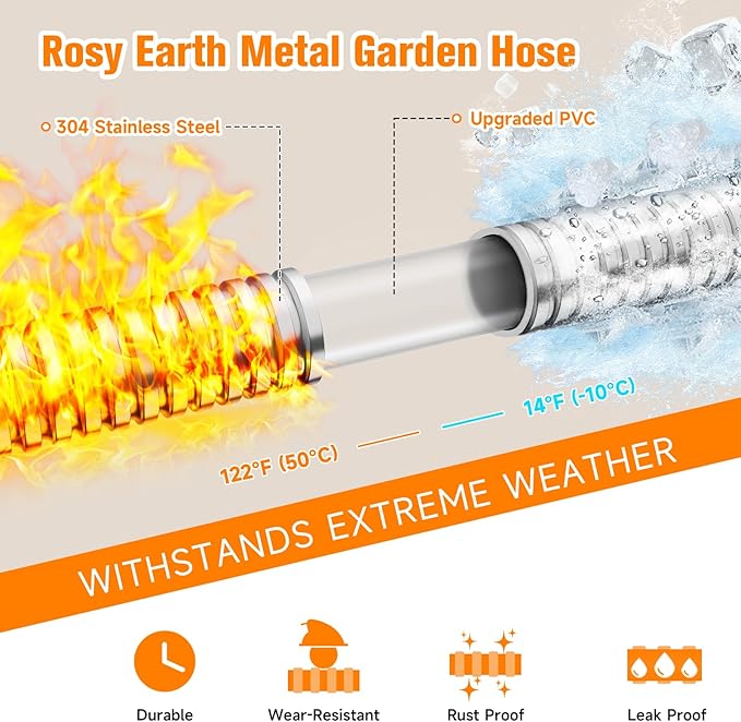 Garden Hose 10 FT, 304 Stainless Steel Metal Water Hose, Heavy Duty Flexible Leader Hose, Short Water Hose Kink Free Hose for Rv, Outdoor, Yard, No Bite, Leak proof and Durable