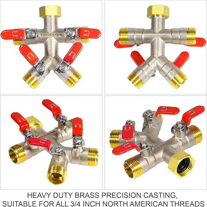 Heavy Duty Brass Garden Hose Splitter 4 Way, Freeze and Sun Resistant Outdoor Faucet Brass Connector Tap Splitter 4 Valves, Nickel Plated for Rust Resistance, 3/4” GHT (Red)