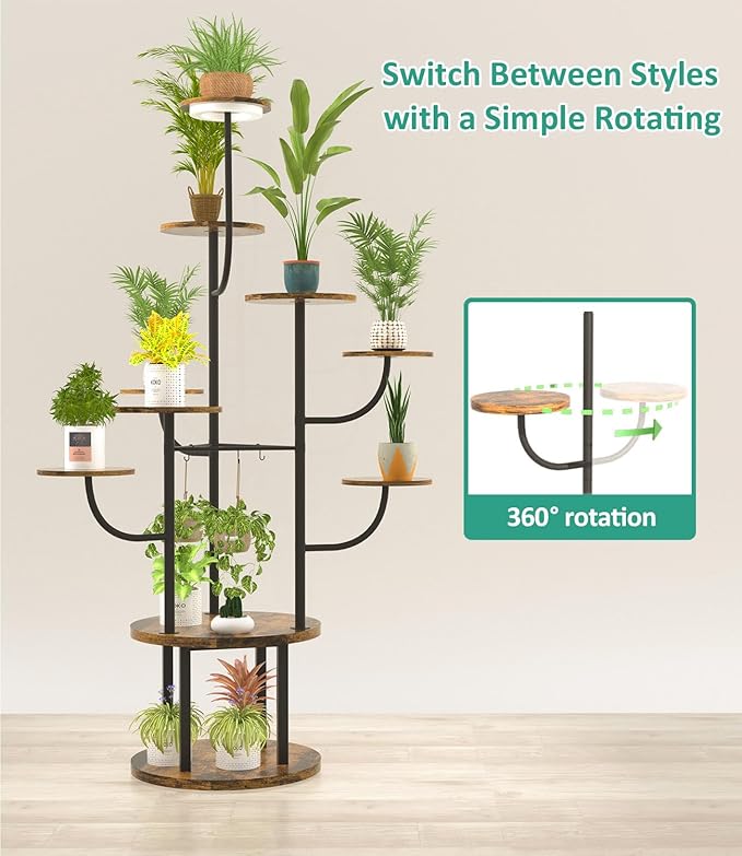 60" Tall Indoor Plant Stand with Grow Light 10 Tiered Adjustable,Large Metal Rotating Plant Shelf for Multiple Plant Display, Flower Holder Stand for Living Room,Bedroom,Office,Balcony
