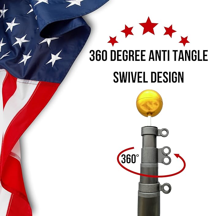 Service First 20FT Flagpole Kit Freedom Edition Black Telescoping for Outside House In Ground - Anti Tangle Swivel Ring Design - 100MPH Wind Tested
