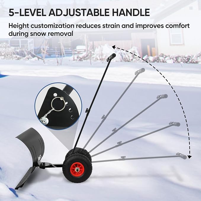 EAGLE PEAK Wheeled Snow Shovel for Driveway, Personal Snow Pusher with Wheels, Adjustable Plow Angle, Ergonomic Handle, Heavy Duty 29”x16.5” Blade, Single Rod Plow Shovel, Black
