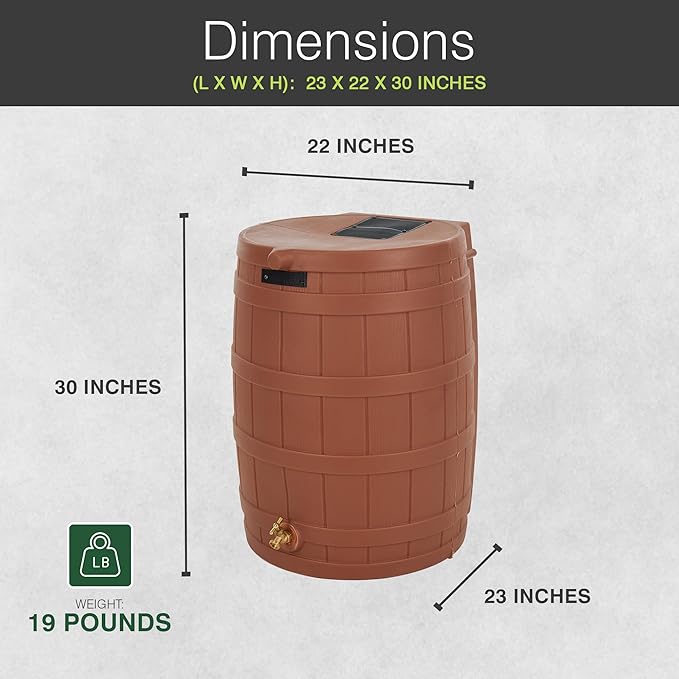 Good Ideas Rain Wizard 50 Gallon Plastic Rain Barrel for Outdoor Rainwater Collection and Storage Features a Metal Spigot and Flat Back Design, Terra Cotta