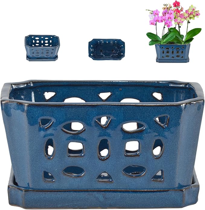 W&W Orchid Pot with Holes and Saucer for Repotting, Blue, 9.7 Inches
