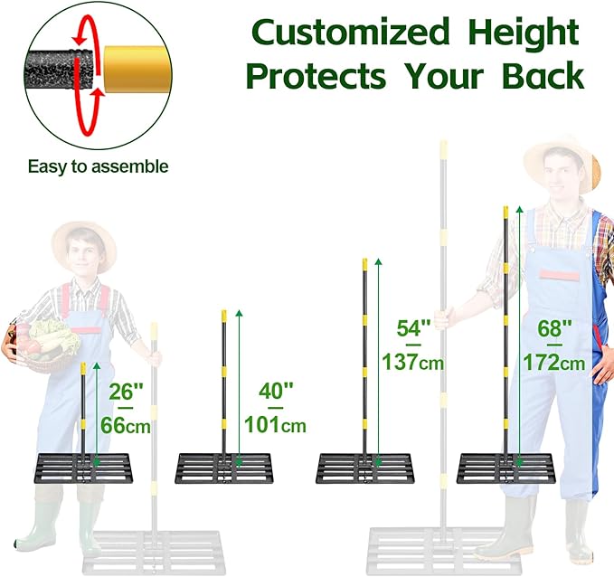 Lawn Leveling Rake 30”x10” Large Heavy Duty Metal Lawn Leveler with 65” Long Adjustable Handle Proffesional Yard Leveling Rake for Soil Dirt Sand Compost Efficient Folding Lawn Leveling Tool