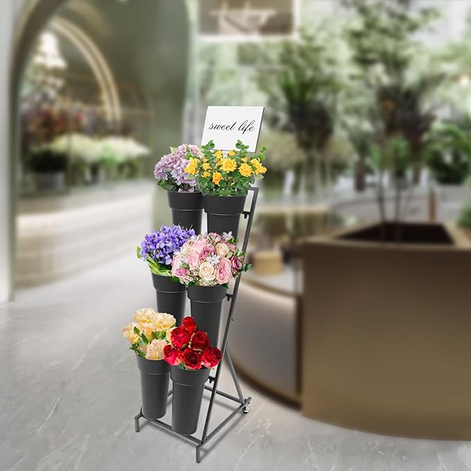 3 Tier 6 Black Bucket Flower Display Stand, Iron Decorative Flower Display Stand Indoor Outdoor Flower Cart Ladder Shelf Metal Moving Bouquet Shelf with Wheels for Garden Courtyard Florist