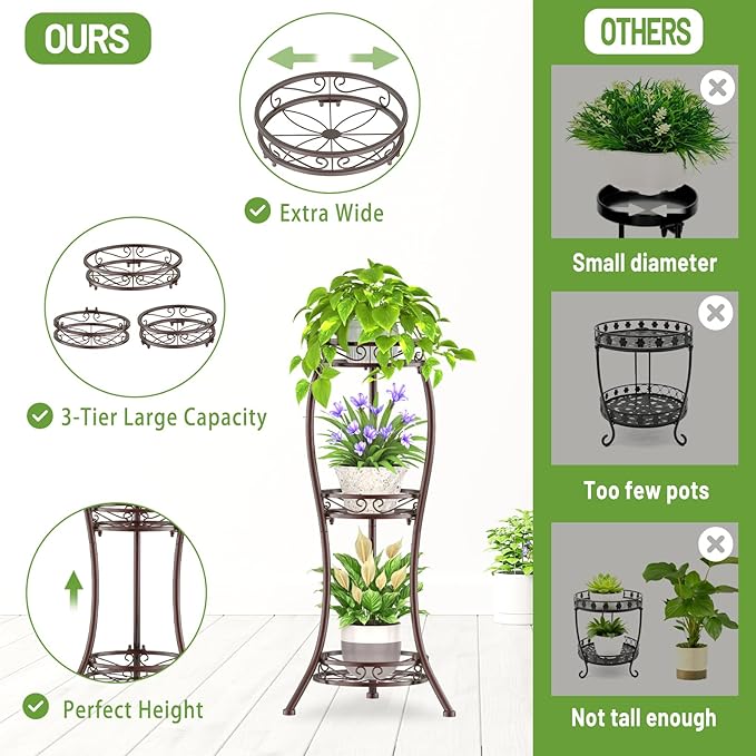 iDavosic.ly 3 Tier Tall Metal Plant Stand Indoor Outdoor, Wrought Iron Corner Flower Pot Holder Shelf, 34 Inch Vertical Display Rack for Patio Porch Living Room Garden, Bronze