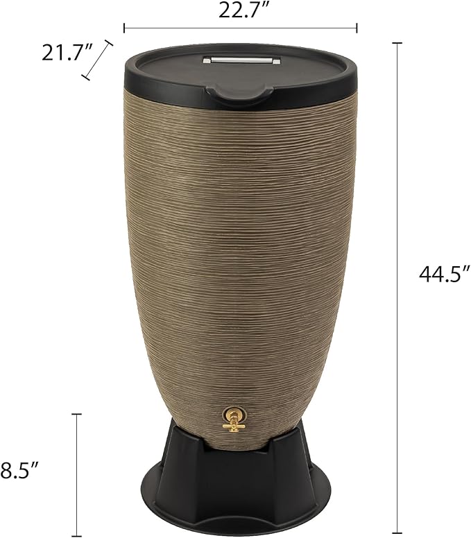 Newport 50‑Gallon Flat‑Back Rain Barrel with Stand & Planter Bundle – Sandstone | Removable Lid, UV-Stabilized Outdoor Water Storage