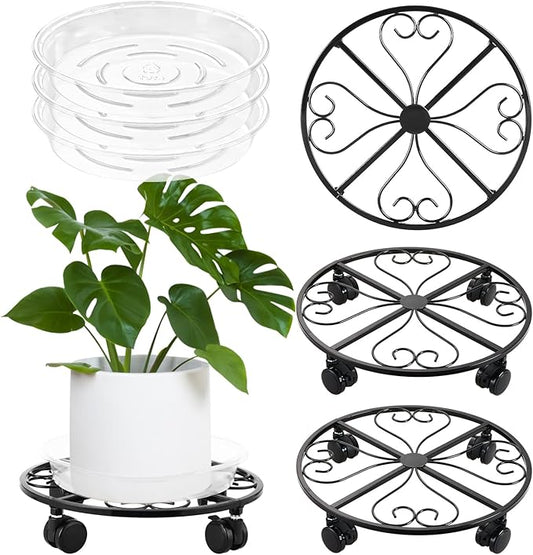 3-Pack Metal Plant Stand with Wheels - 12-Inch Caddy, Heavy Duty Wrought Iron Rolling Stand with 3 Pack Plant Saucers