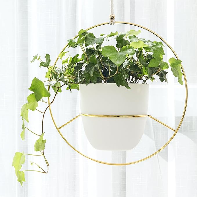 Mkono Metal Hanging Planters for Indoor Plants with Plastic Pots, Set of 2 Modern Mid Century Flower Pot Plant Holder in Diamond and Circle Shape, Fits 6 Inch, Gold