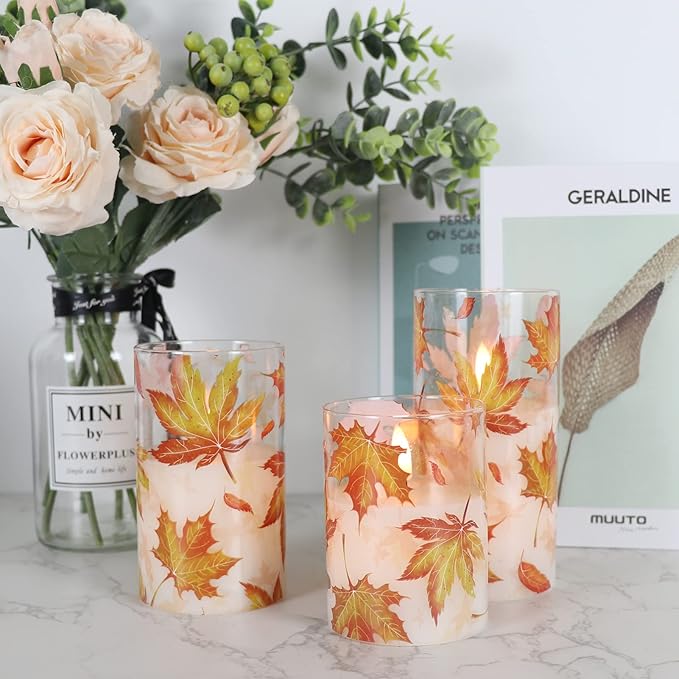 GenSwin Glass Maple Leaf Flameless Candles with Remote Timers, Battery Operated LED Flickering Candles, Real Wax Pillar Candles Christmas Wedding Decoration