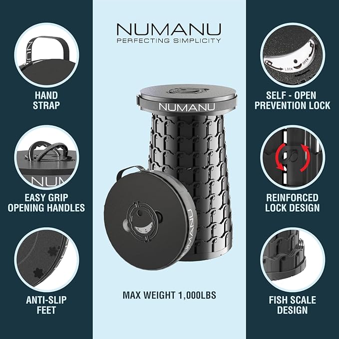 NUMANU 19.7" 2025 Upgraded XXL Collapsible Stool & Cushion, Taller & Wider 1000lbs Max Weight, Heavy Duty Portable Stool, Retractable Telescopic Seat Folding Chair or Travel Footrest for Outdoors