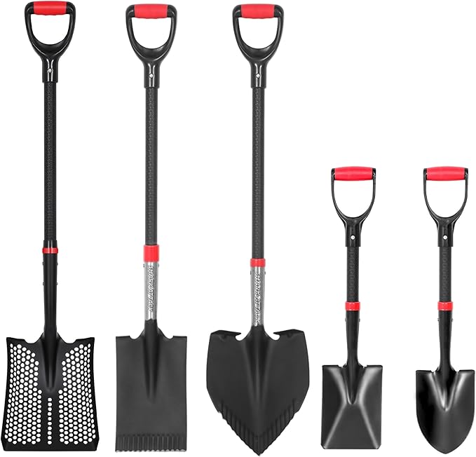 SHARK ATTACK 5-Piece Steel Shovel Set with D-Grip Handles Sifting Shovel- Multi-Size Garden Shovels with Powder Coating for Digging, Planting & Car Emergency