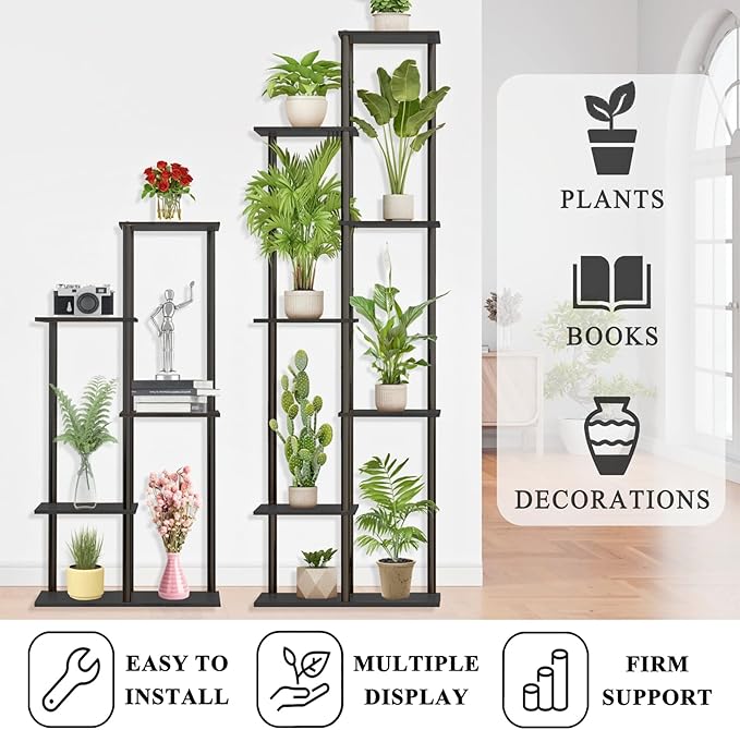 Plant Stand Indoor 5 Tier 6 Potted Metal Wood Plant Shelf, Multiple Flower Pots Corner Tall Plant Holder Stands for Living Room Balcony Bedroom, Black