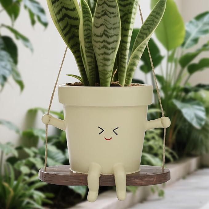 Swing Face Planter Pot Hanging Cute Flower Head Planter Without Hole, Unique Sitting Sway Pots for Indoor/Outdoor Plants, Succulent & String of Pearls Planters for Mother