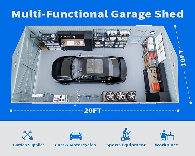 10x20 Outdoor Storage Shed, Extra Large Metal Garage Building, Heavy Duty Steel Car Shed with Side Door & Updated Frame Structure, Waterproof Carport for Car, Truck, Bike, Tool Storage, Dark Gray