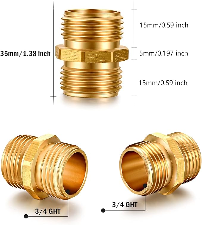Garden Hose Connector Adapter,3/4" GHT Double male Connectors, Brass Repair Fittings with Dual for Male to Male Adapter (6 Pack)