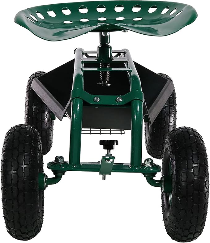 Sunnydaze Rolling Garden Cart with Seat - Garden Stool with Wheels and Adjustable 360-Degree Swivel Seat - Utility Tool Tray and Storage Basket - Green